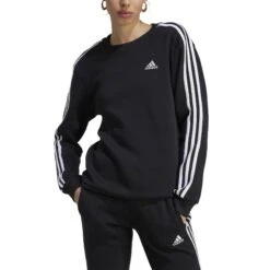 Fleecesweatshirt Voor Dames Adidas Essentials 3-Stripes -Dames Sportkleding Winkel adidas hz5744 4 apparel on model front view white