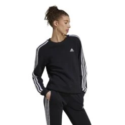 Fleecesweatshirt Voor Dames Adidas Essentials 3-Stripes -Dames Sportkleding Winkel adidas hz5744 6 apparel on model walking view white
